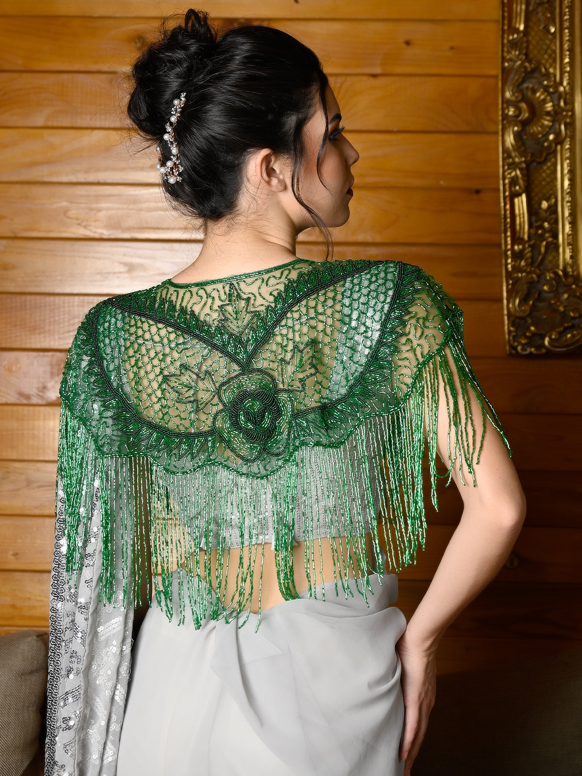 Odette Women Tasseled Grandeur- The Green Beaded Cape