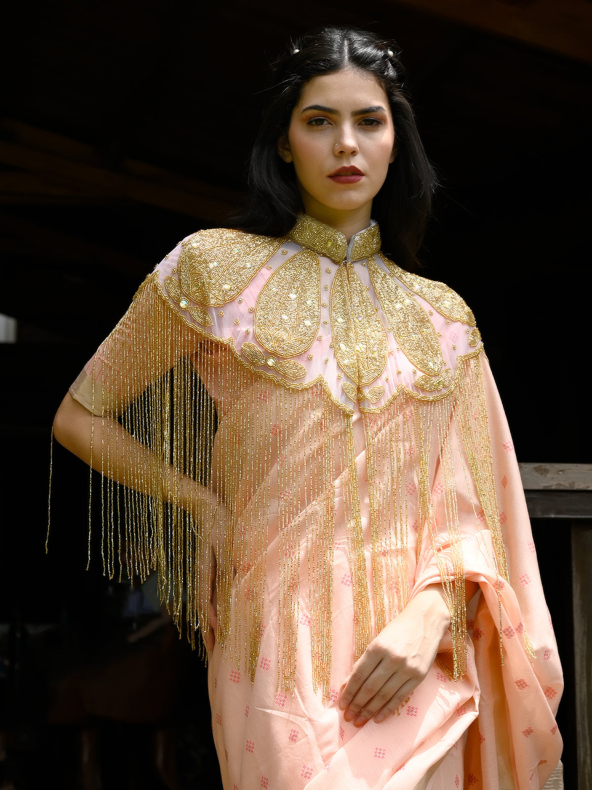 Odette Women Tasseled Grandeur- The Golden Beads Patterned Cape