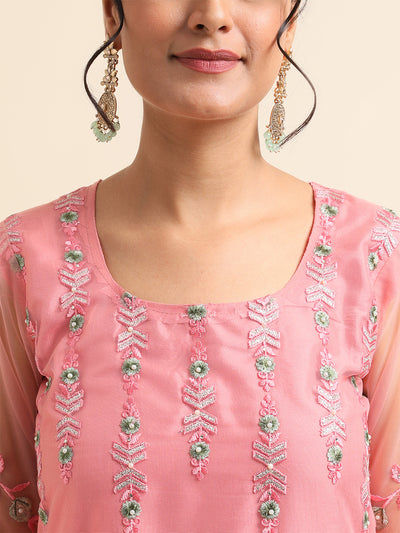 Pink Embroidered  Net Semi Stitched Kurta Set