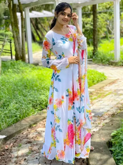 Odette White Floral Printed Georgette Stitched Gown With Dupatta for Women