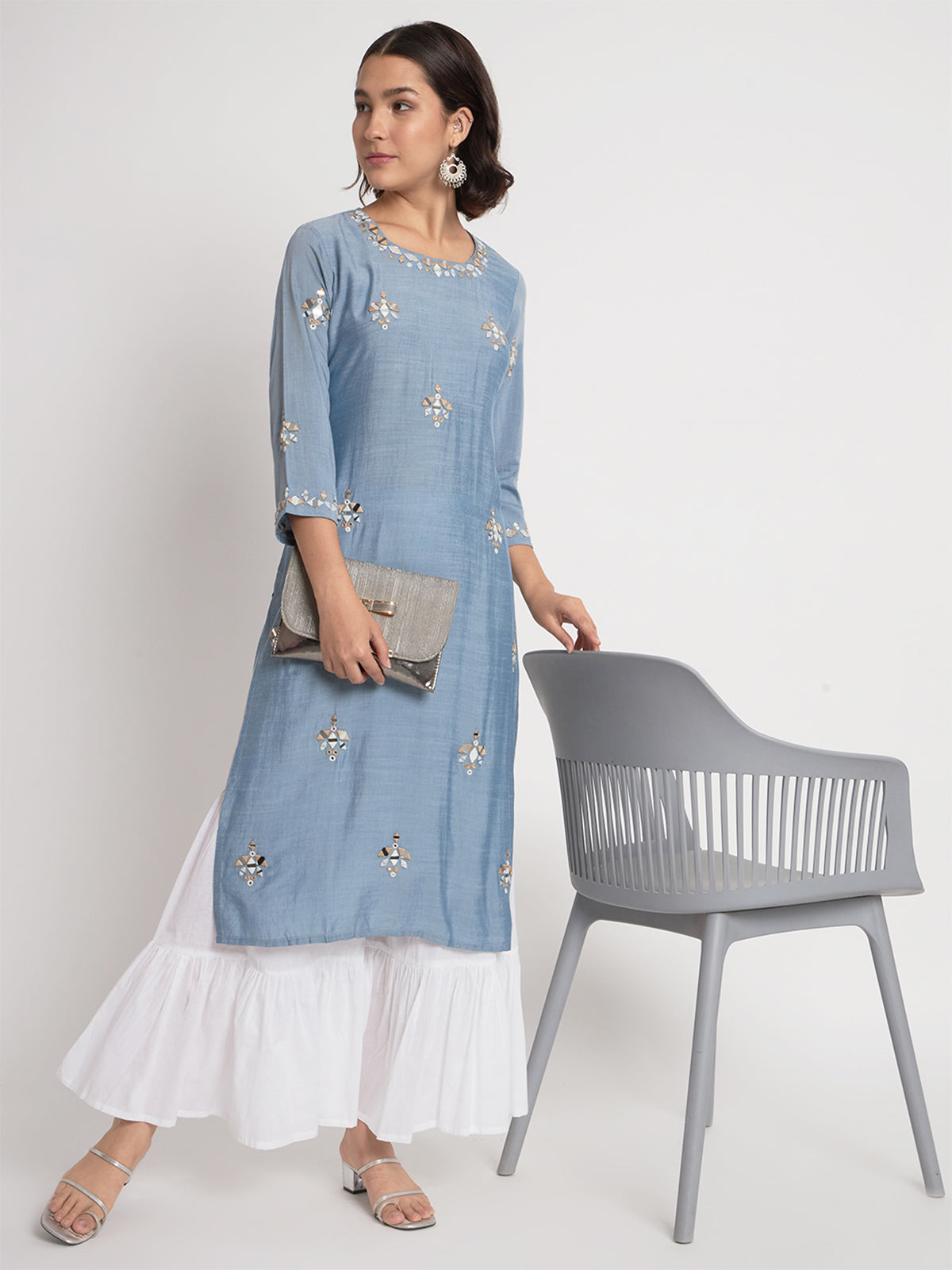 Blue Viscose Embroidered Stitched Kurta Set