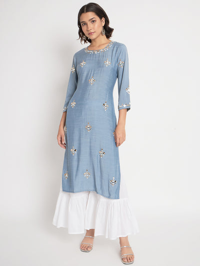 Blue Viscose Embroidered Stitched Kurta Set