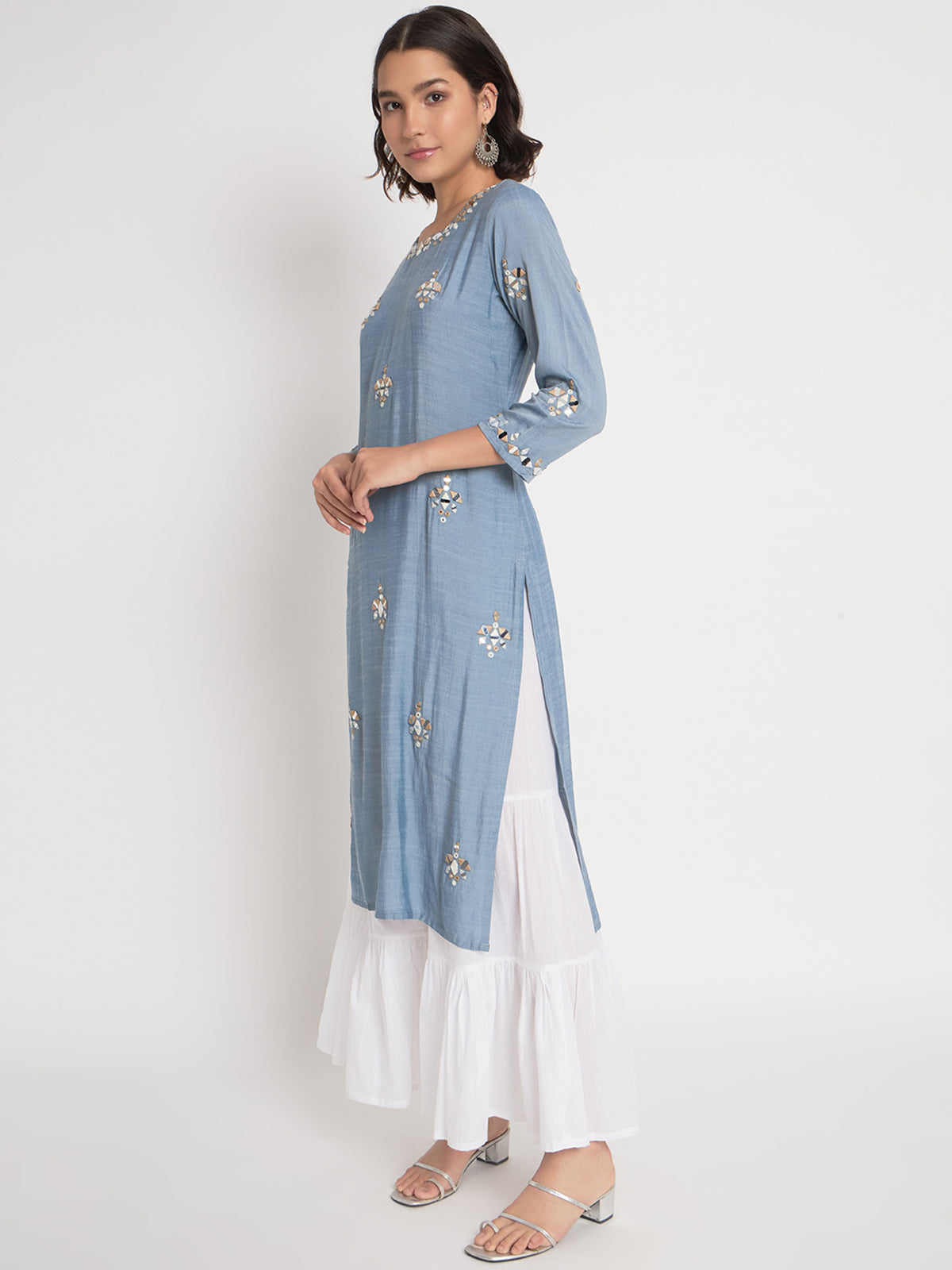 Blue Viscose Embroidered Stitched Kurta Set