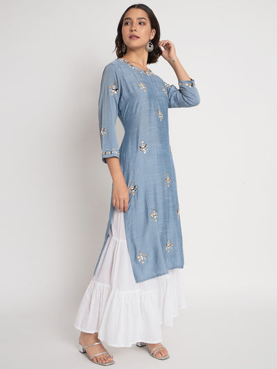 Blue Viscose Embroidered Stitched Kurta Set