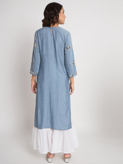 Blue Viscose Embroidered Stitched Kurta Set