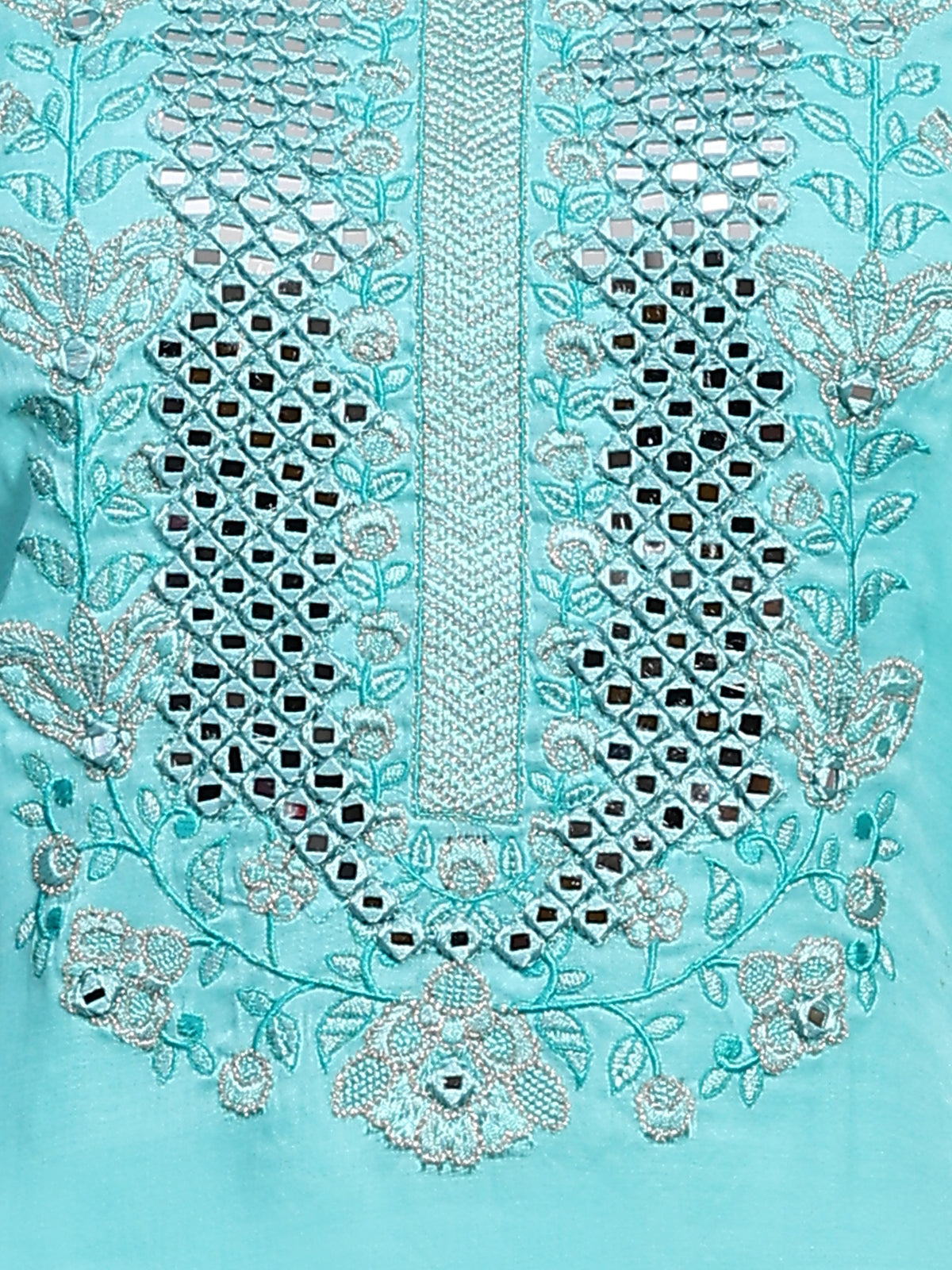 Turquoise Viscose Embroidered Stitched Kurta Set