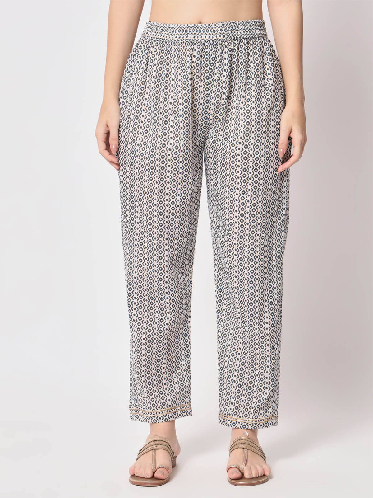 Odette - Black and White Cotton Printed Stitched Pant