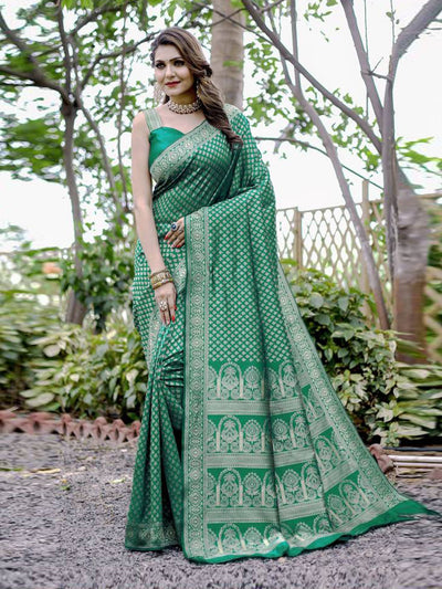 Odette Green Banarasi Silk Woven Saree With Unstitched Blouse For Women