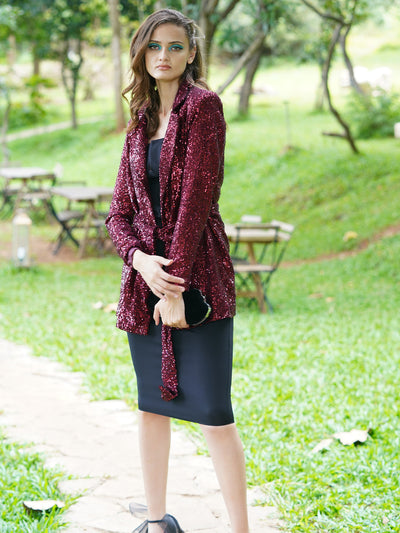 Odette Women The Maroon Net With Sequins Stitched Blazer