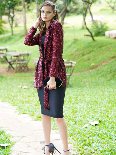 Odette Women The Maroon Net With Sequins Stitched Blazer