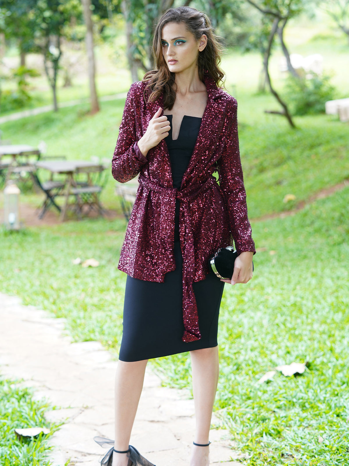 Odette Women The Maroon Net With Sequins Stitched Blazer