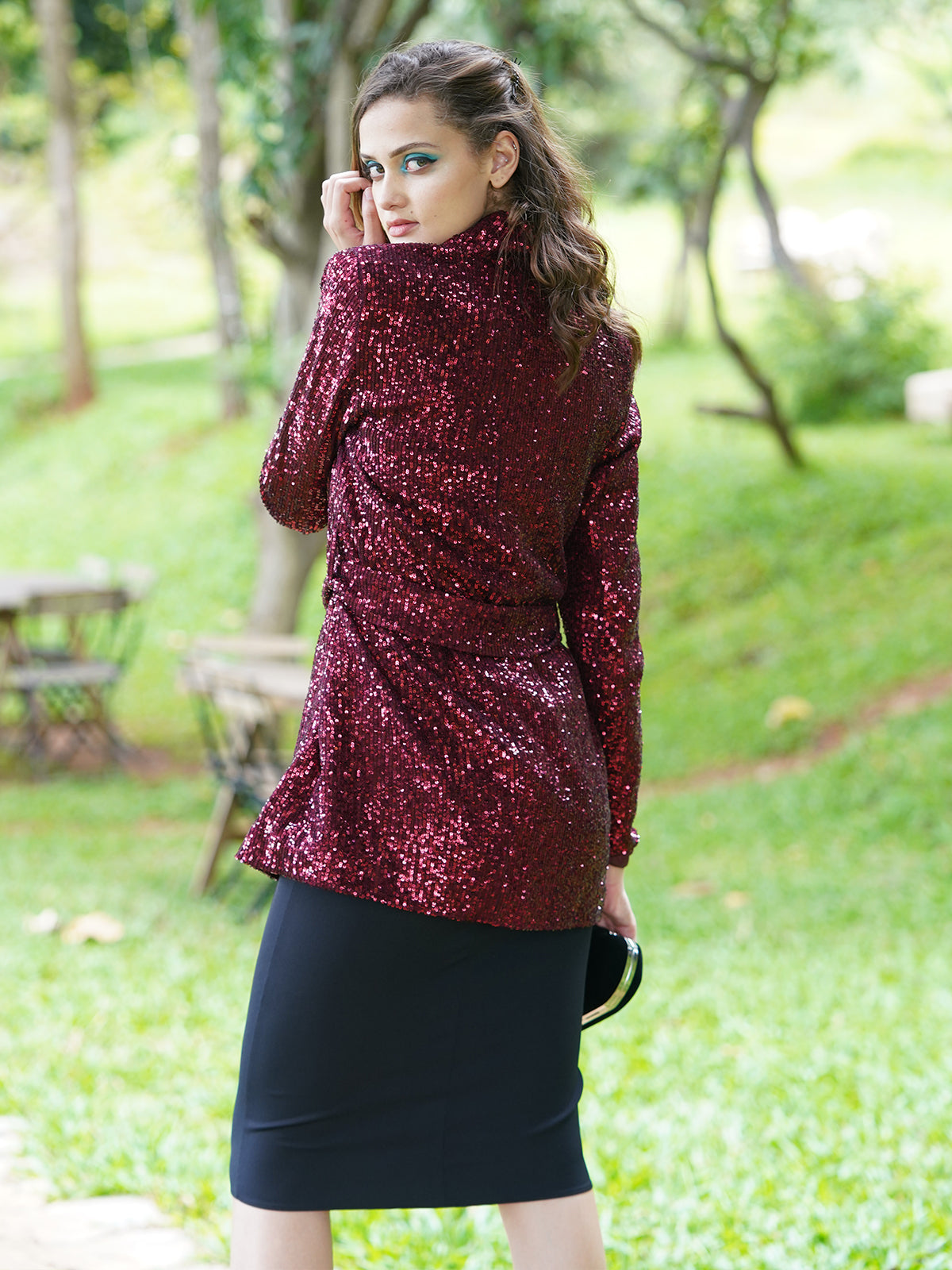 Odette Women The Maroon Net With Sequins Stitched Blazer