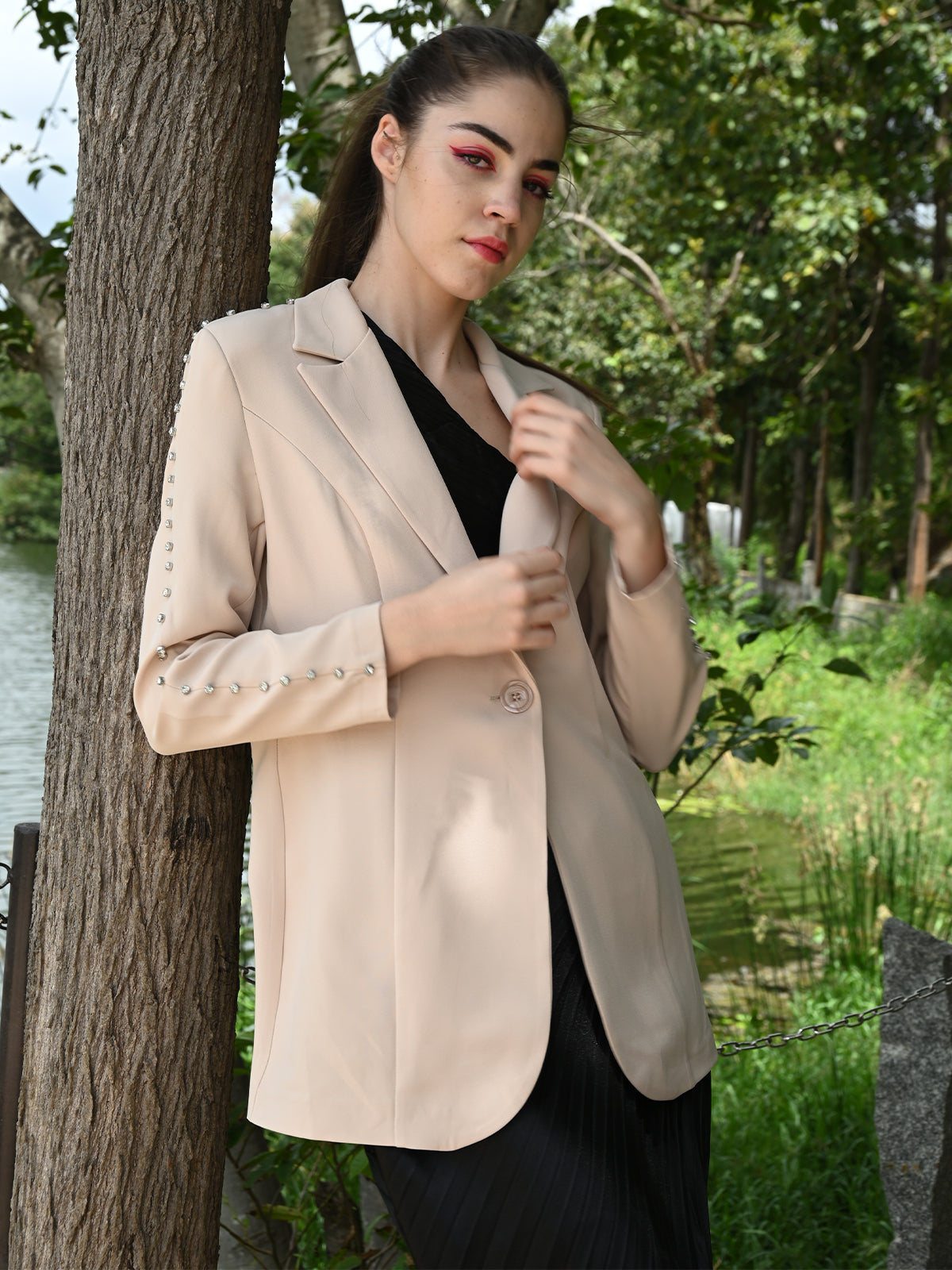 Odette Women Beige Embellished Polyester Semi Formal Stitched Blazer