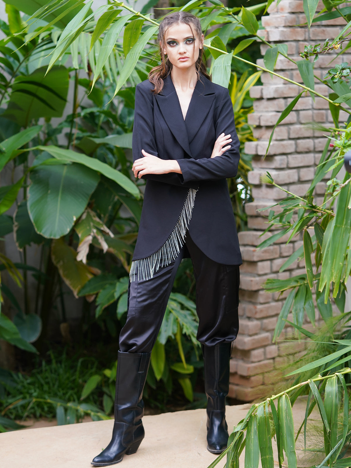 Odette Women Black Embellished Polyester Semi Formal Stitched Blazer