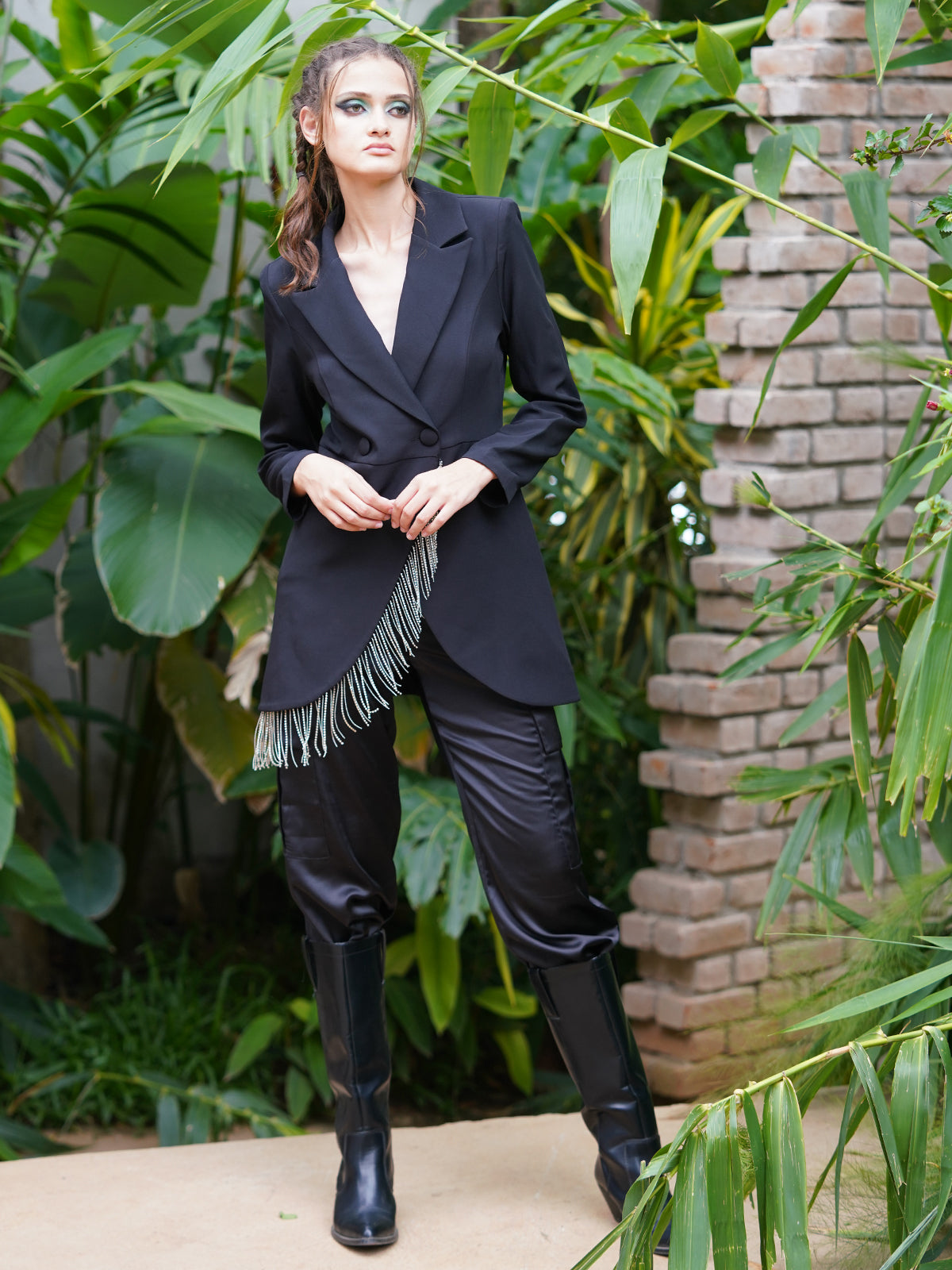 Odette Women Black Embellished Polyester Semi Formal Stitched Blazer