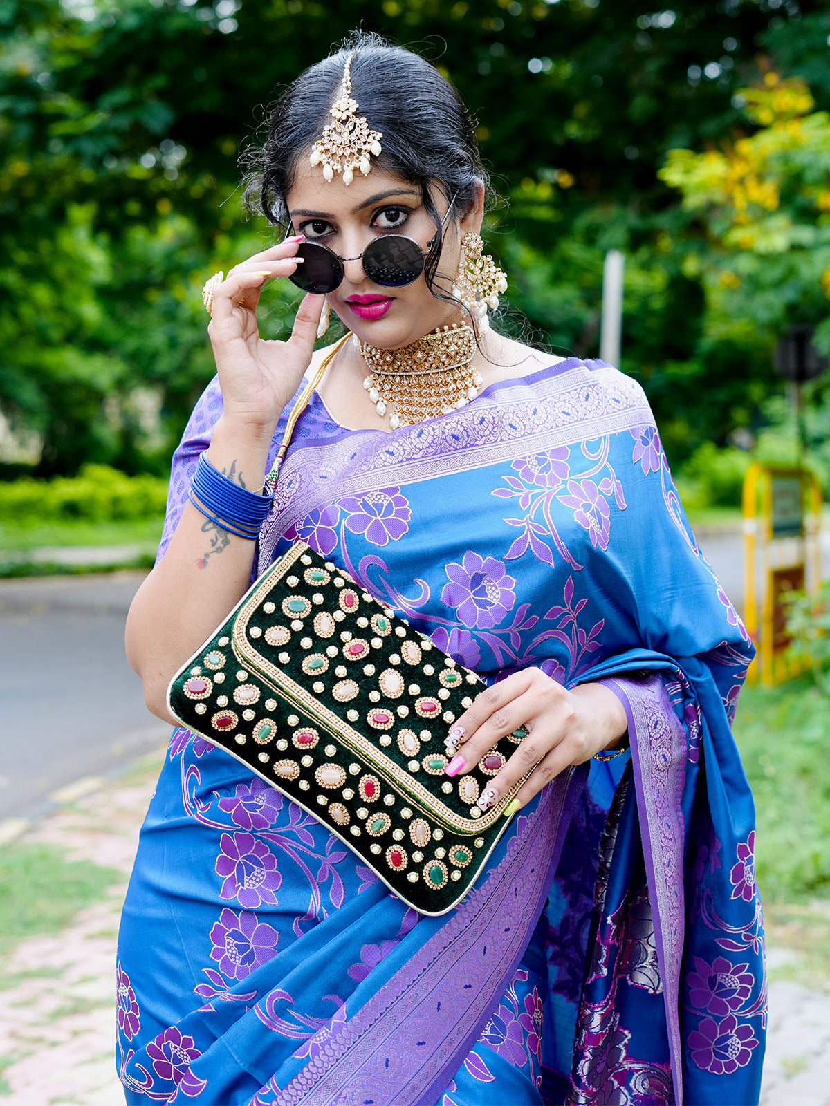 Odette Dark Blue Handloom Woven Satin Saree For Women