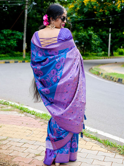 Odette Dark Blue Handloom Woven Satin Saree For Women