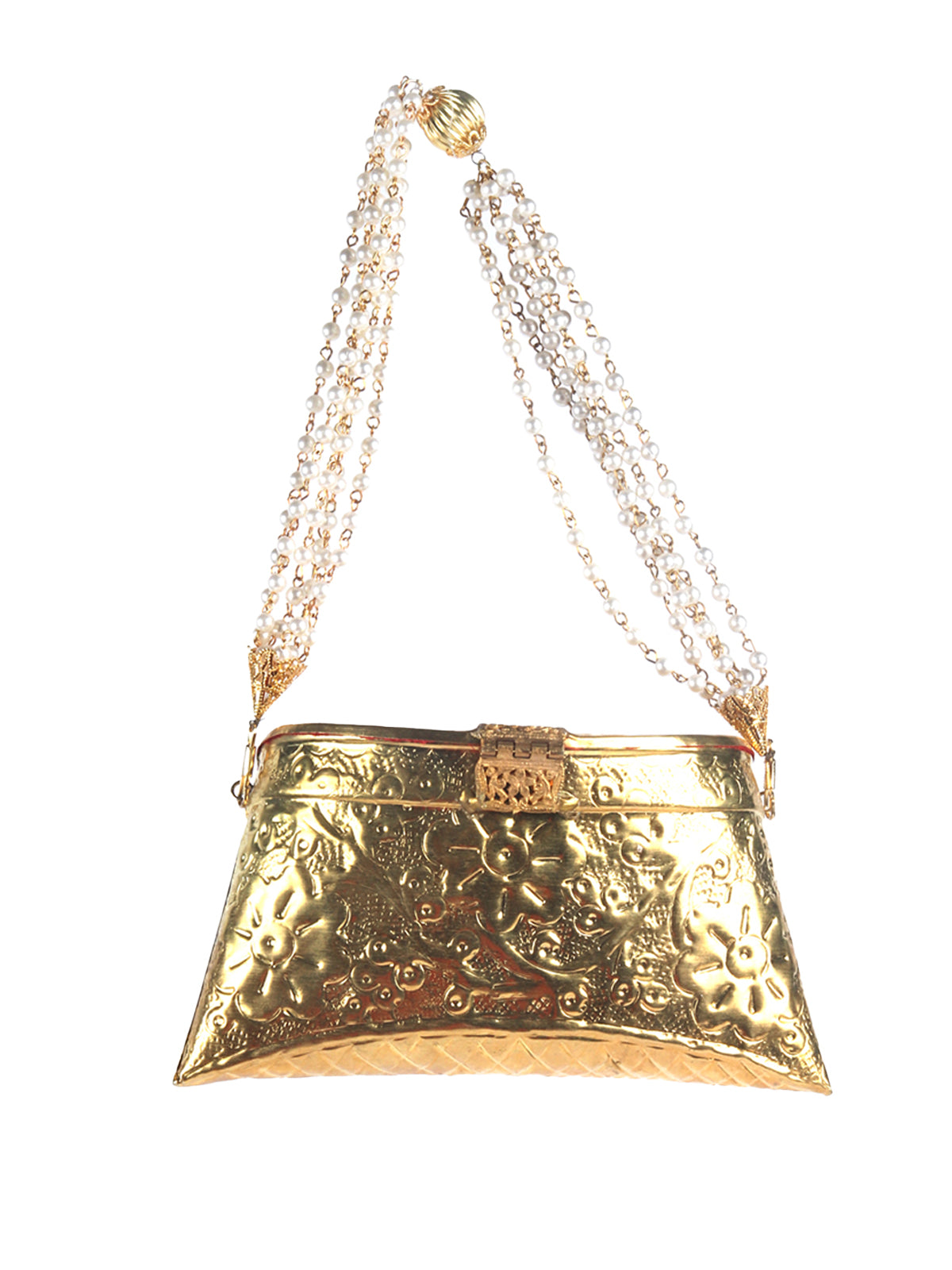 Odette Gold Metal Textured Hand Bag For Women