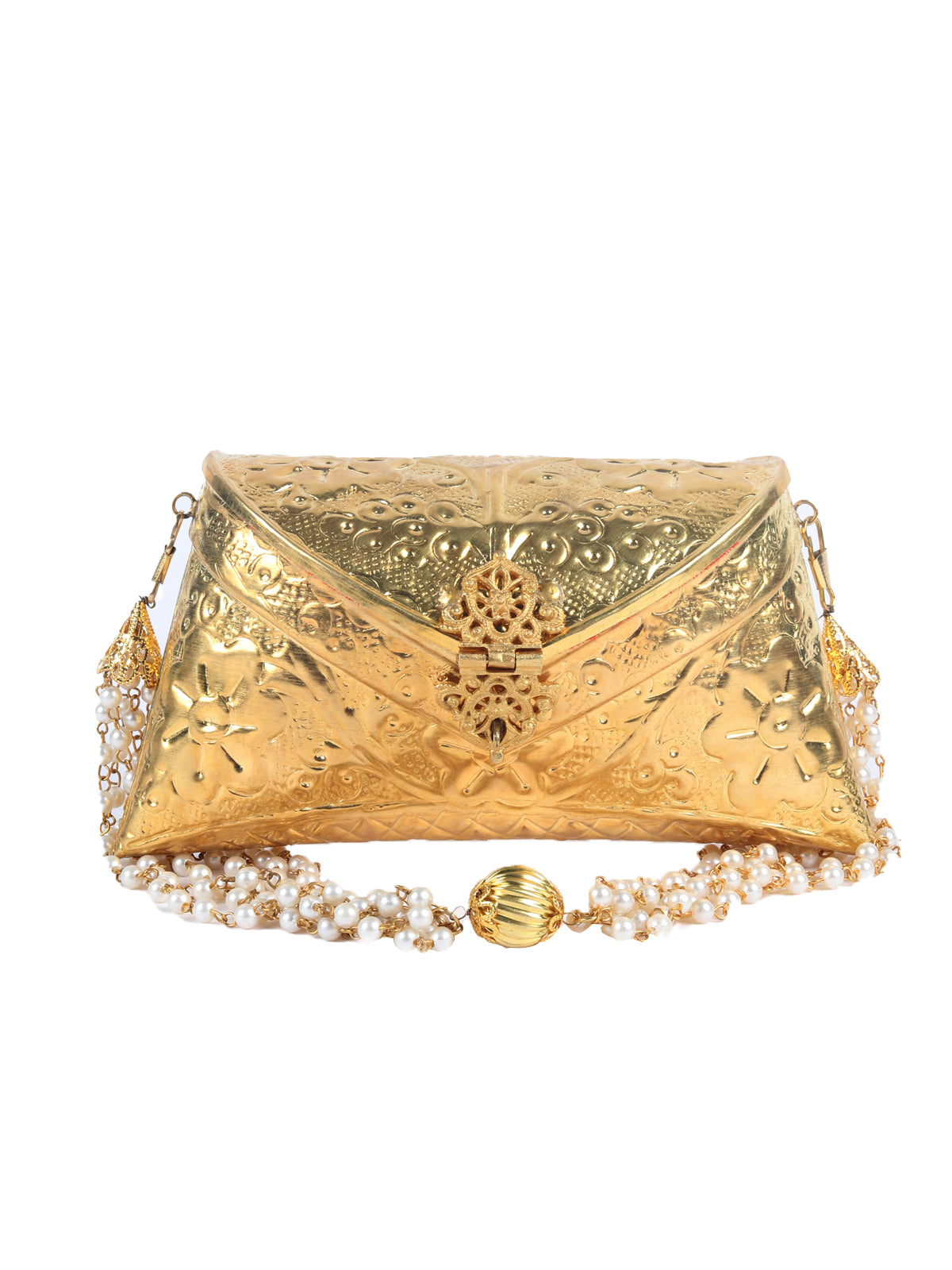 Odette Gold Metal Textured Hand Bag For Women