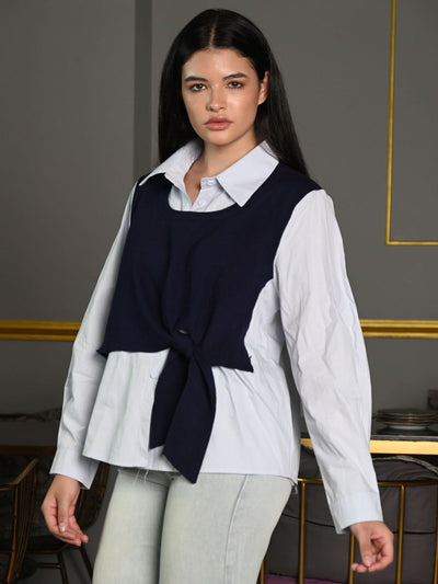 Odette Blue Cotton Shirt Rib Outer Solid Tie Up Top For Women