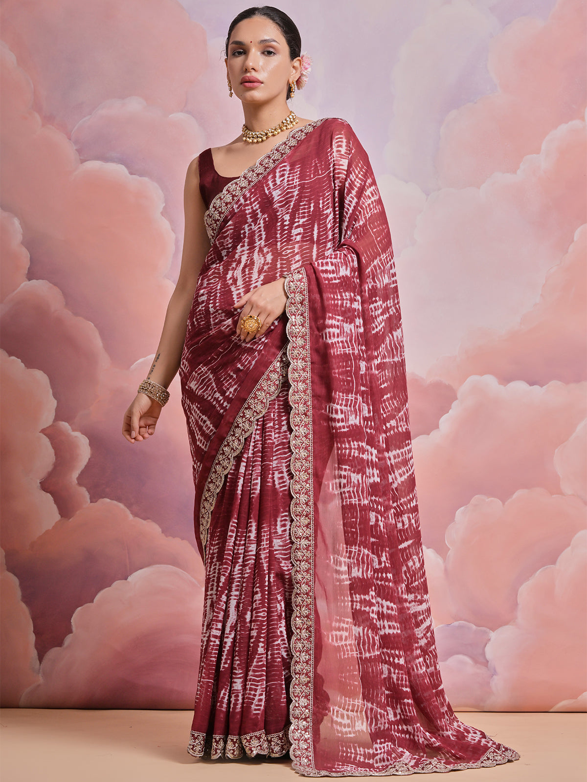 Odette Maroon Printed Georgette  Saree With Unstitched Blouse For Women