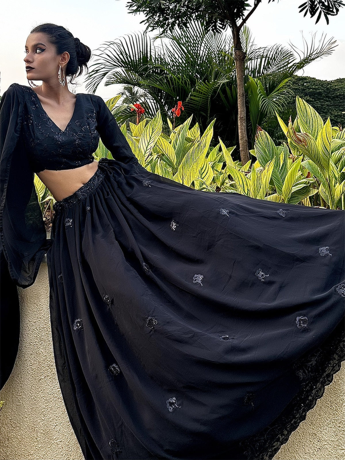 Odette Women Designer Black Georgette Semi Stitched Lehenga Wit Unstit