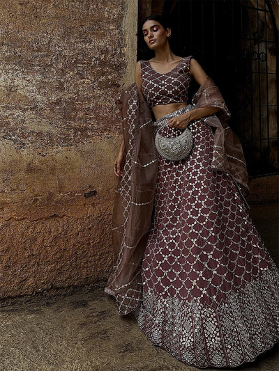Odette - Brown Mirror Work Semi Stitched Lehenga with Unstitched Blouse