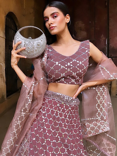 Odette - Brown Mirror Work Semi Stitched Lehenga with Unstitched Blouse