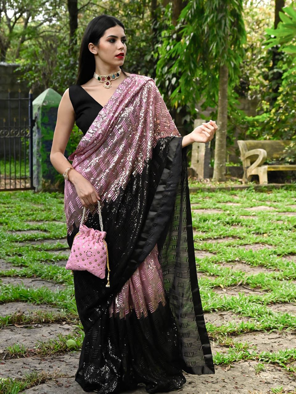 Women's Georgette Black Saree Blouse Fancy Pakistani Sequin Indian Ethnic  Sari | eBay