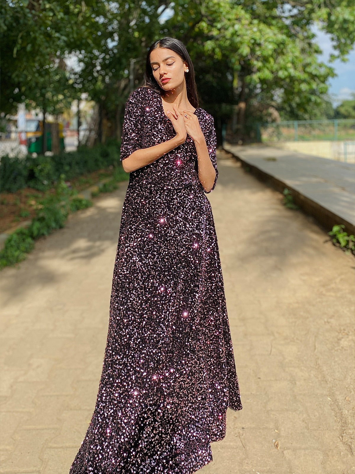 Odette Women Purple Velvet Sequin Designer Indo-Western Dress