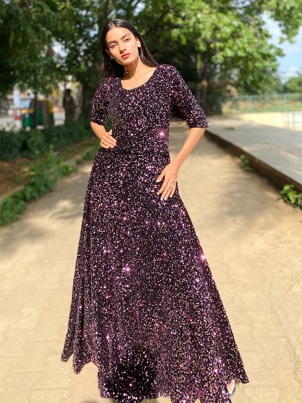 Odette Women Purple Velvet Sequin Designer Stitched Indo-Western Dress