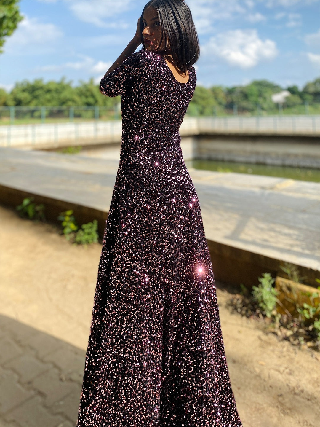 Odette Women Purple Velvet Sequin Designer Indo-Western Dress