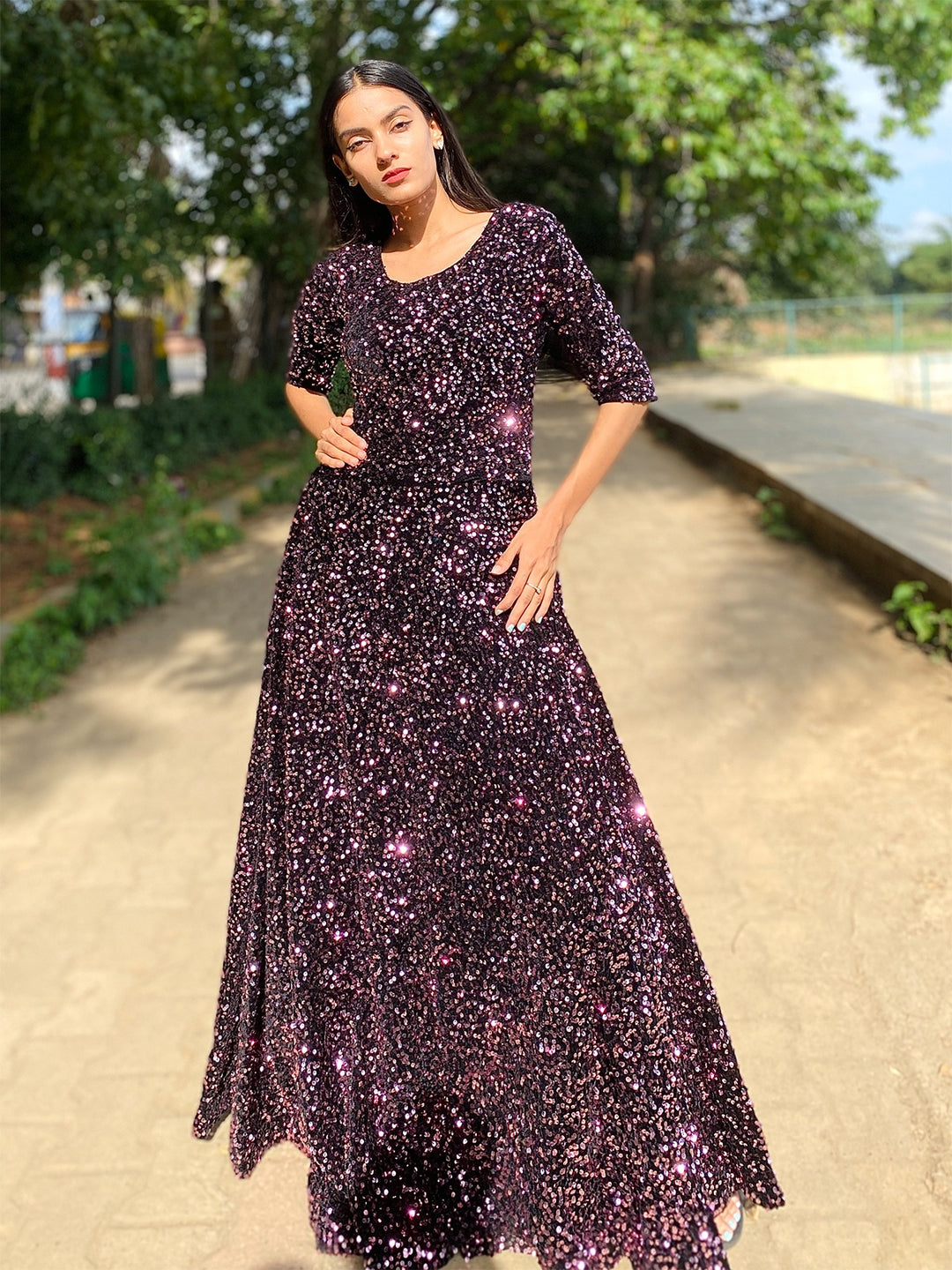 Odette Women Purple Velvet Sequin Designer Indo-Western Dress Odette Women Purple Velvet Sequin Designer Indo-Western Dress