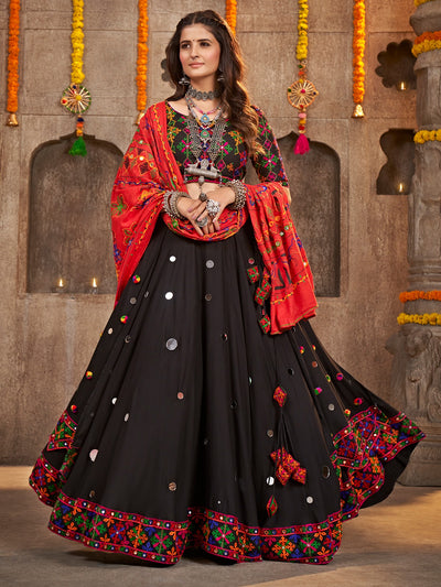 Black Viscose Rayon Embroidered Semi Stitched Lehenga Choli