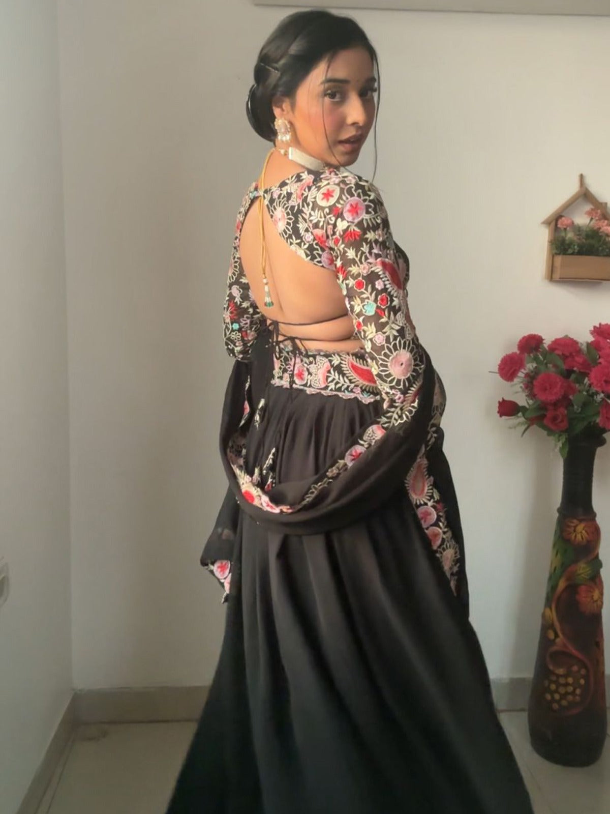 Ivory Ruffle Lehenga with Black Embroidered Blouse - Priti Sahni