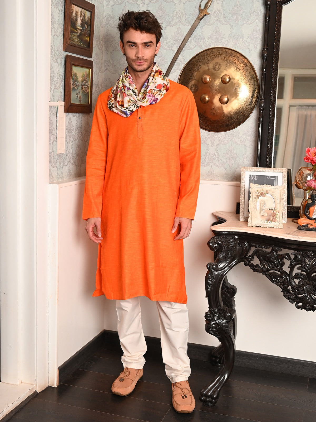 Odette Orange Solid Cotton Polyester Kurta Set For Men