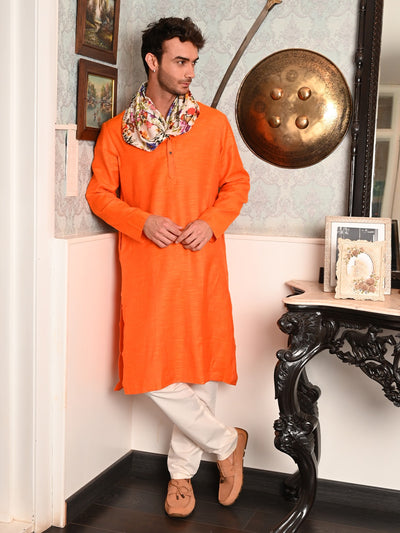 Odette Orange Solid Cotton Polyester Kurta Set For Men