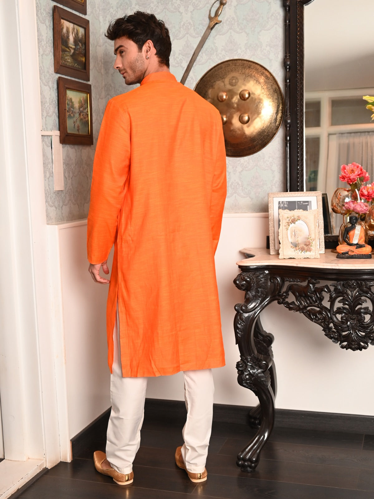 Odette Orange Solid Cotton Polyester Kurta Set For Men