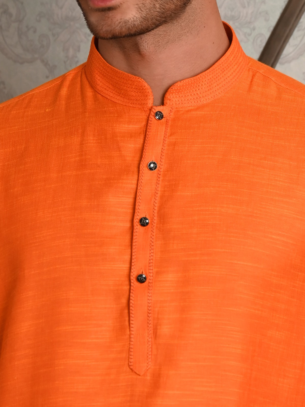 Odette Orange Solid Cotton Polyester Kurta Set For Men