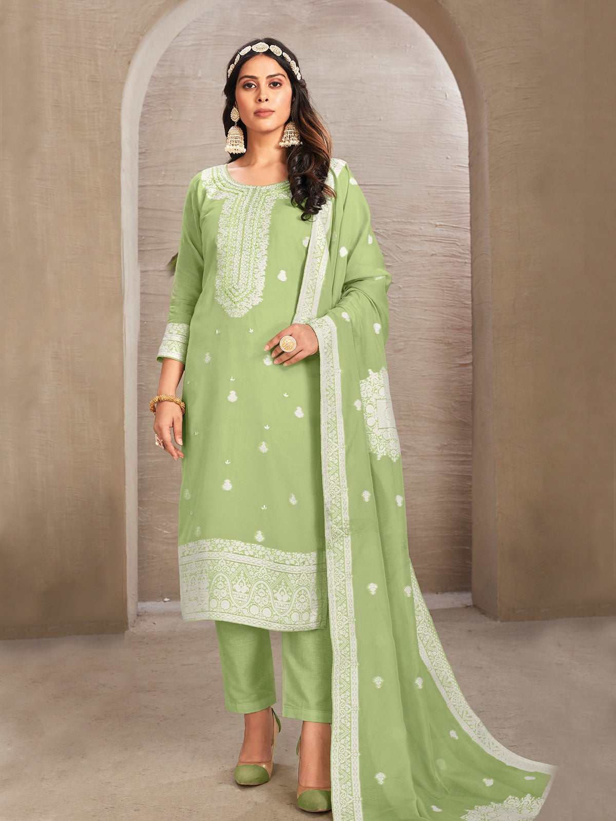 Odette Green Organza Embroidered Semi-Stitched Kurta Set For Women