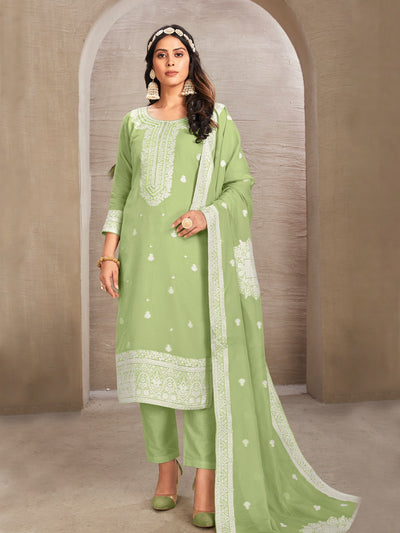 Odette Green Organza Embroidered Semi-Stitched Kurta Set For Women