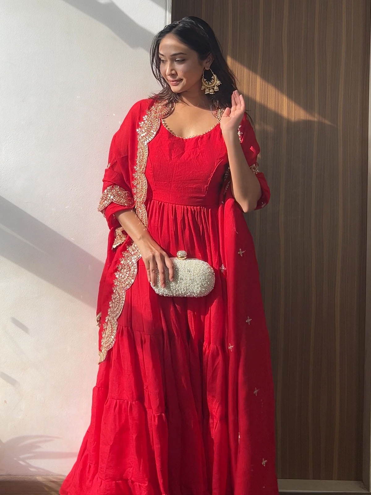 Odette Red Printed Georgette Stitched Gown For Women