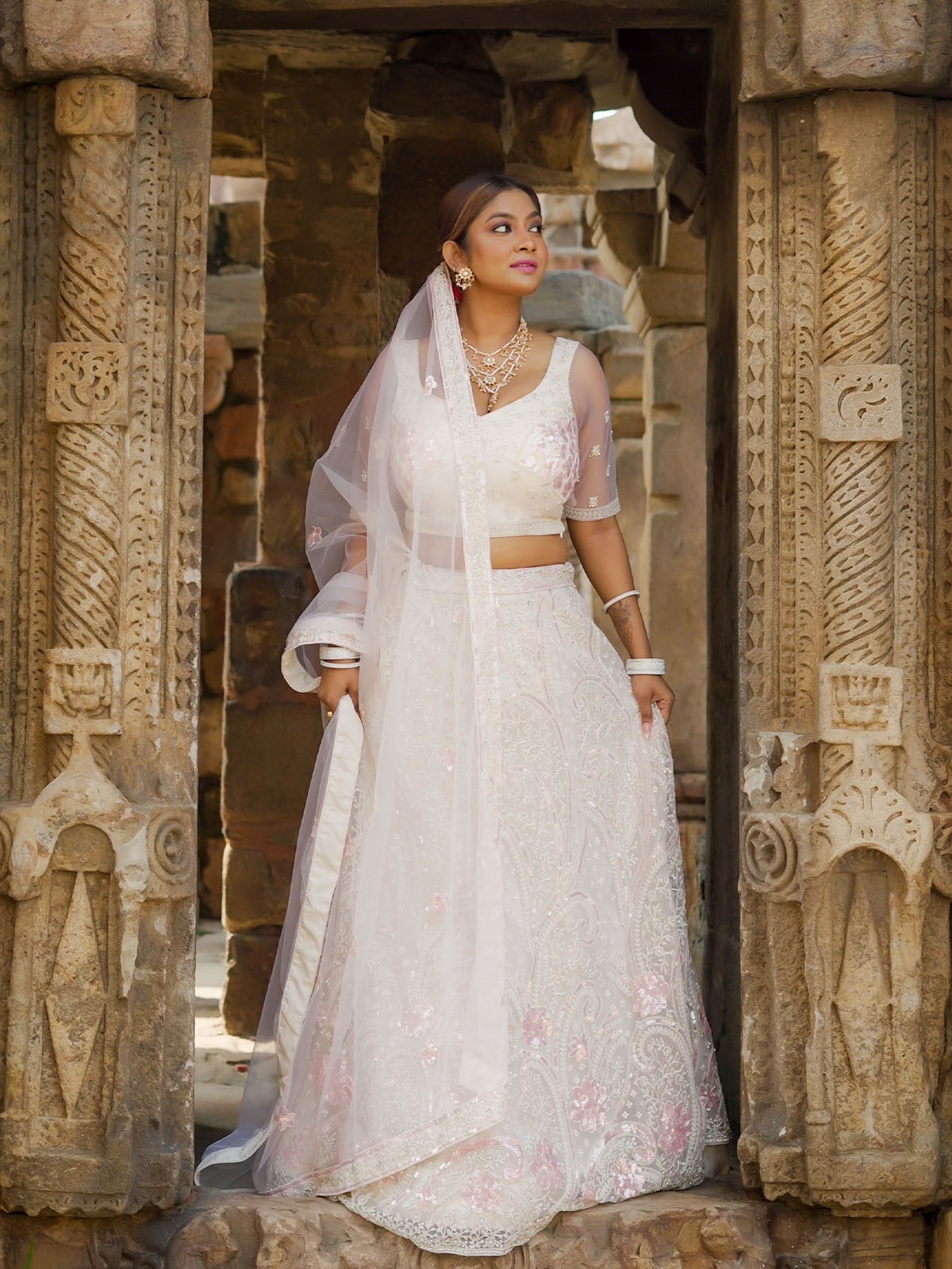 Odette White Soft Net Embroidered Semi Stitched Lehenga With Unstitched Blouse For Women