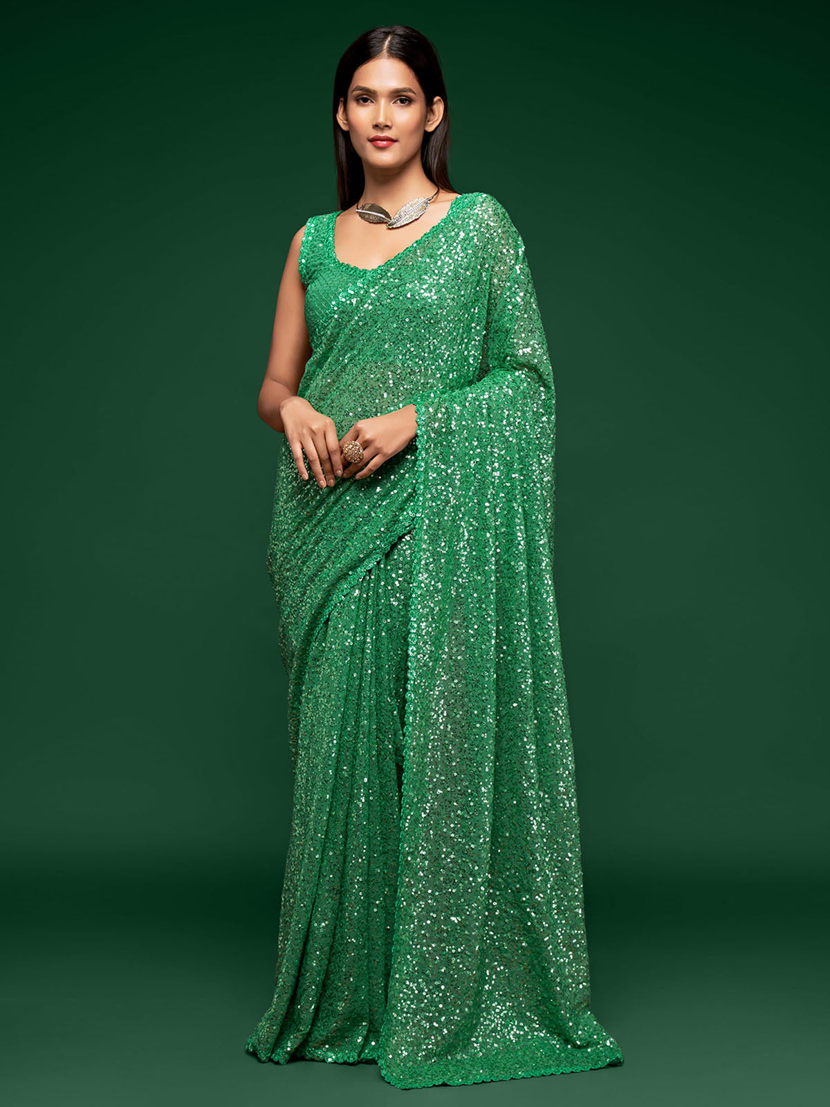 Odette Women Green Georgette Designer Sequins Saree With Unstitched Blouse