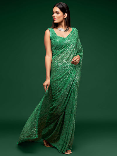 Odette Women Green Georgette Designer Sequins Saree With Unstitched Blouse