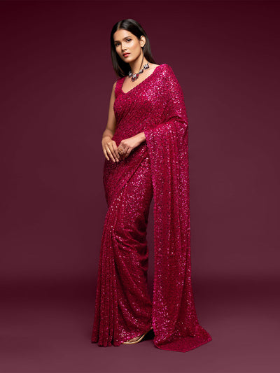 Odette Women Pink Georgette Designer Sequins Saree With Unstitched Blouse