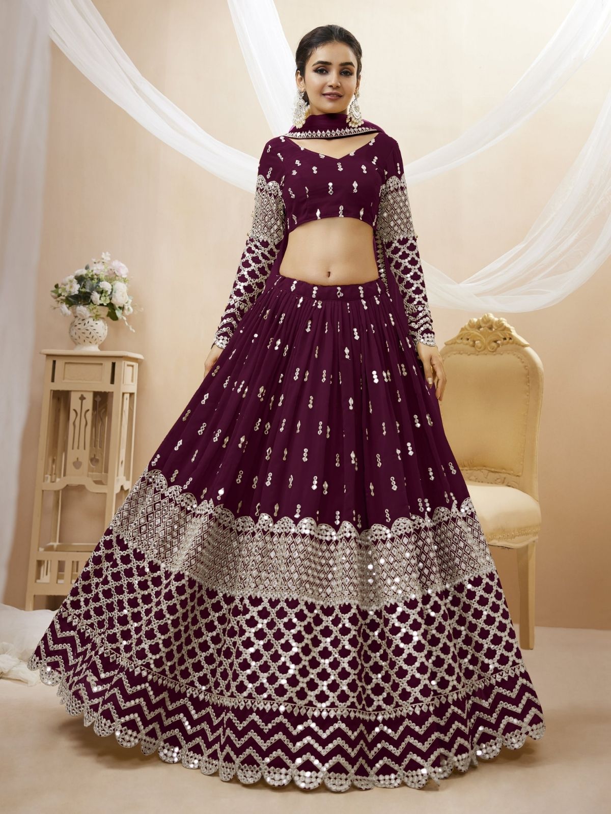 Odette Wine Georgette Embroidered Semi Stitched Lehenga With Unstitched Blouse For Women