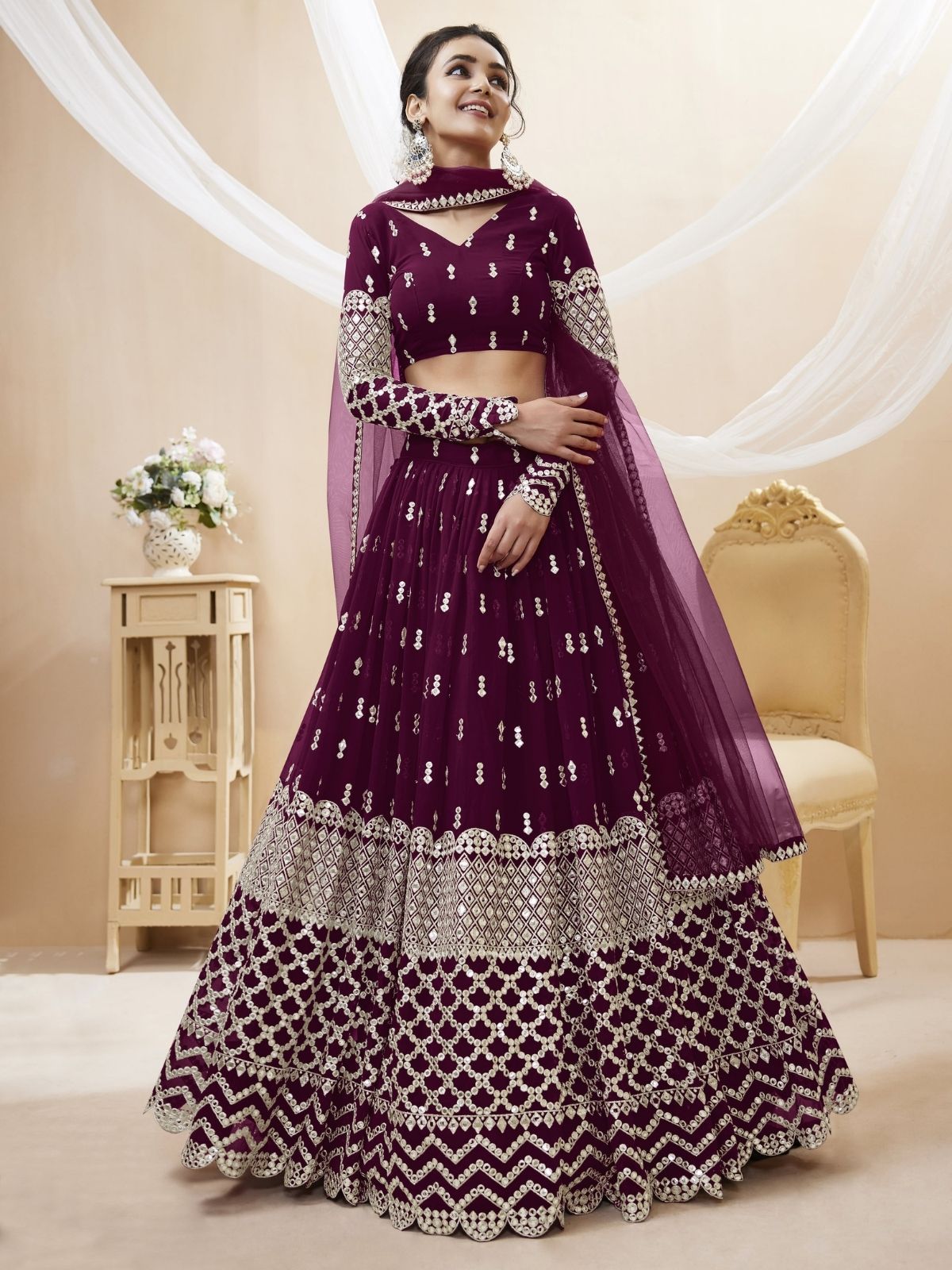 Odette Wine Georgette Embroidered Semi Stitched Lehenga With Unstitched Blouse For Women