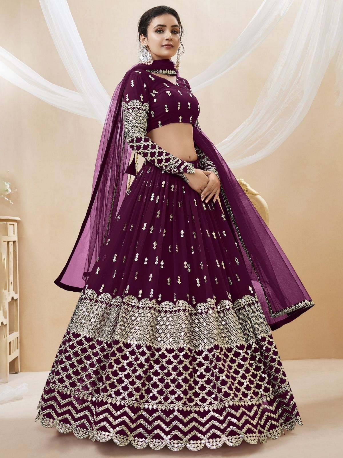 Odette Wine Georgette Embroidered Semi Stitched Lehenga With Unstitched Blouse For Women