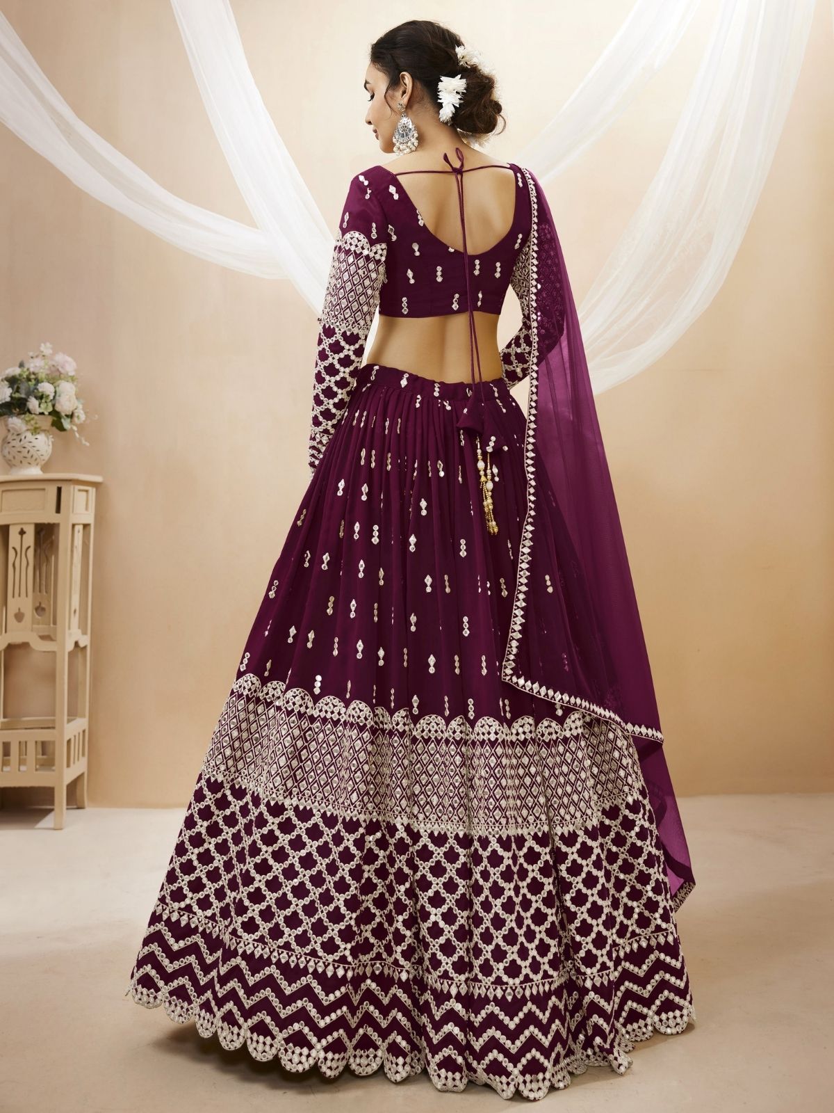 Odette Wine Georgette Embroidered Semi Stitched Lehenga With Unstitched Blouse For Women